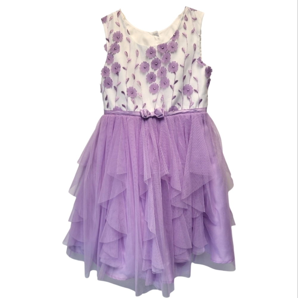 Adorable Jona Michelle Kids Purple & White Floral Ruffled A-Line Dress - Size 5
